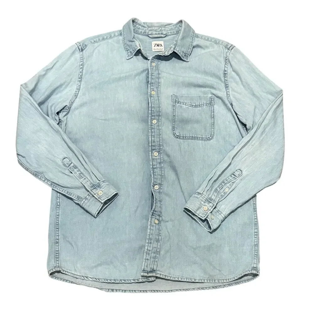 Zara Denim Button Up Long Sleeve Shirt Men Large Light Blue Cotton Casual Preppy
